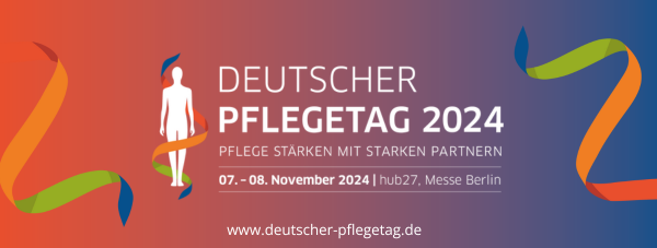Banner für den Deutschen Pflegetag 2024 mit einer menschlichen Figur und bunten Bändern. Der Text enthält das Veranstaltungsdatum (7.-8. November 2024), den Veranstaltungsort (Messe Berlin) und die Website (www.deutscher-pflegetag.de).