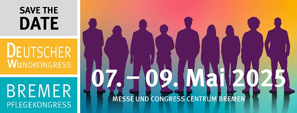 Buntes Veranstaltungsbanner mit Silhouetten von Menschen und Text: Save the Date. Deutscher Wundkongress. Bremer Pflegekongress. 07.-09. Mai 2025. Messe und Congress Centrum Bremen.