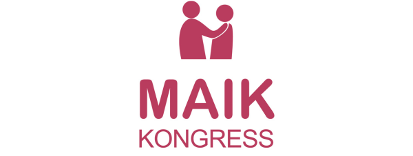Zwei stilisierte Figuren, die sich die Hände schütteln, über der Aufschrift MAIK KONGRESS in fetten, roten Buchstaben auf weißem Hintergrund.
