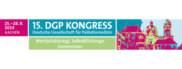 Banner für den 15. DGP-Kongress, Deutsche Gesellschaft für Palliativmedizin, der vom 25. bis 28. September 2024 in Aachen stattfindet. Mehrfarbige Grafik von städtischen Gebäuden, mit dem Motto: Wert(schätzung). Selbst(für)sorge. Gemeinsam.