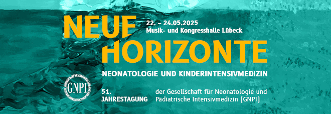 Veranstaltungsbanner mit türkisfarbenem Hintergrund. Der fettgedruckte gelbe Text lautet "Neue Horizonte" und enthält Veranstaltungshinweise für eine Konferenz über Neonatologie und pädiatrische Intensivpflege vom 22. bis 24. Mai 2025 in Lübeck, Deutschland. Das GNPI-Logo ist sichtbar.