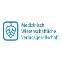 Logo der Medizinisch Wissenschaftlichen Verlagsgesellschaft mit einem stilisierten Hopfenzapfen in einem abgerundeten Rechteck links vom Firmennamen in blauer deutscher Schrift auf weißem Hintergrund.