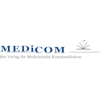 Logo für MEDiCOM, einen Verlag für Medizinische Kommunikation. Der Text lautet MEDiCOM Der Verlag für Medizinische Kommunikation, mit einem stilisierten Symbol eines aufgeschlagenen Buches über einer horizontalen Linie auf der rechten Seite.
