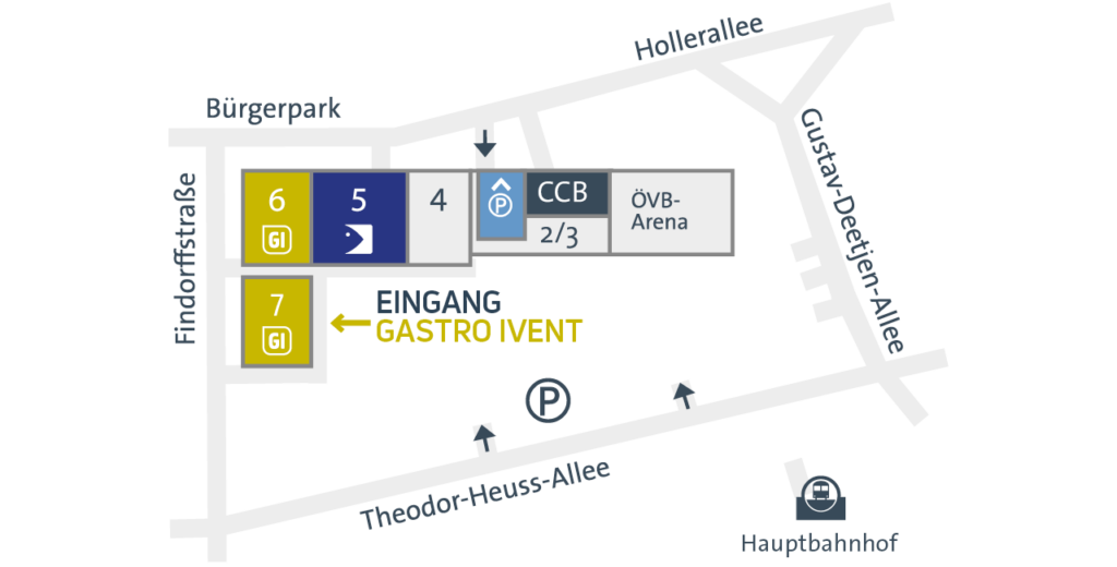 Geländeplan der Messehallen für die GASTRO IVENT. Der Eingang zur Messe erfolgt über Halle 7.