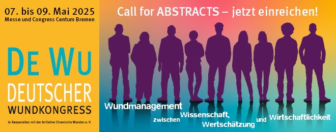 Werbebanner für den Deutschen Wundkongress 2025 mit Veranstaltungsdaten, Veranstaltungsort und einem Aufruf zur Einreichung von Abstracts. Silhouetten von Menschen stehen vor einem Hintergrund mit Farbverlauf und Stichworten zu Wundmanagement und Wissenschaft.