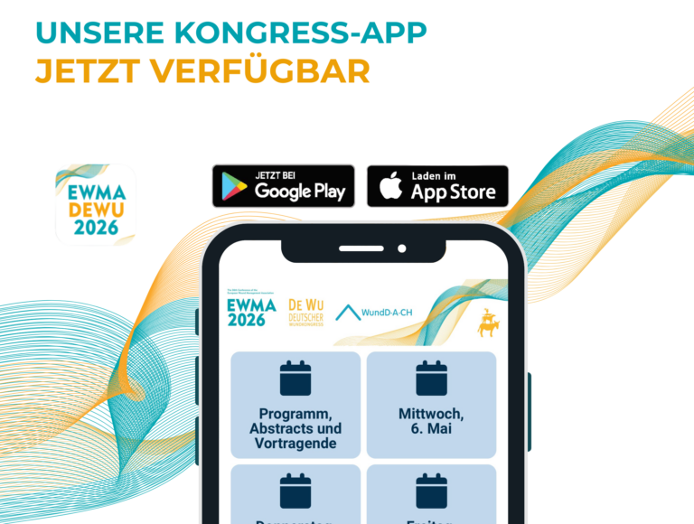 Banner zur Bewerbung der EWMA DEWU 2026 Kongress-App, mit Download-Buttons für Google Play und App Store, Veranstaltungslogos und einem Smartphone-Bildschirm mit dem Veranstaltungsprogramm.