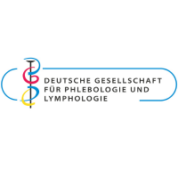 Logo der Deutschen Gesellschaft für Phlebologie und Lymphologie mit stilisierten roten, gelben und blauen Designelementen sowie dem Namen der Organisation in schwarzen Großbuchstaben.