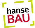 Logo mit dem Text hanseBAU in schwarzer und roter Schrift, umgeben von einem unvollständigen gelben quadratischen Rahmen mit Lücken in den Ecken.